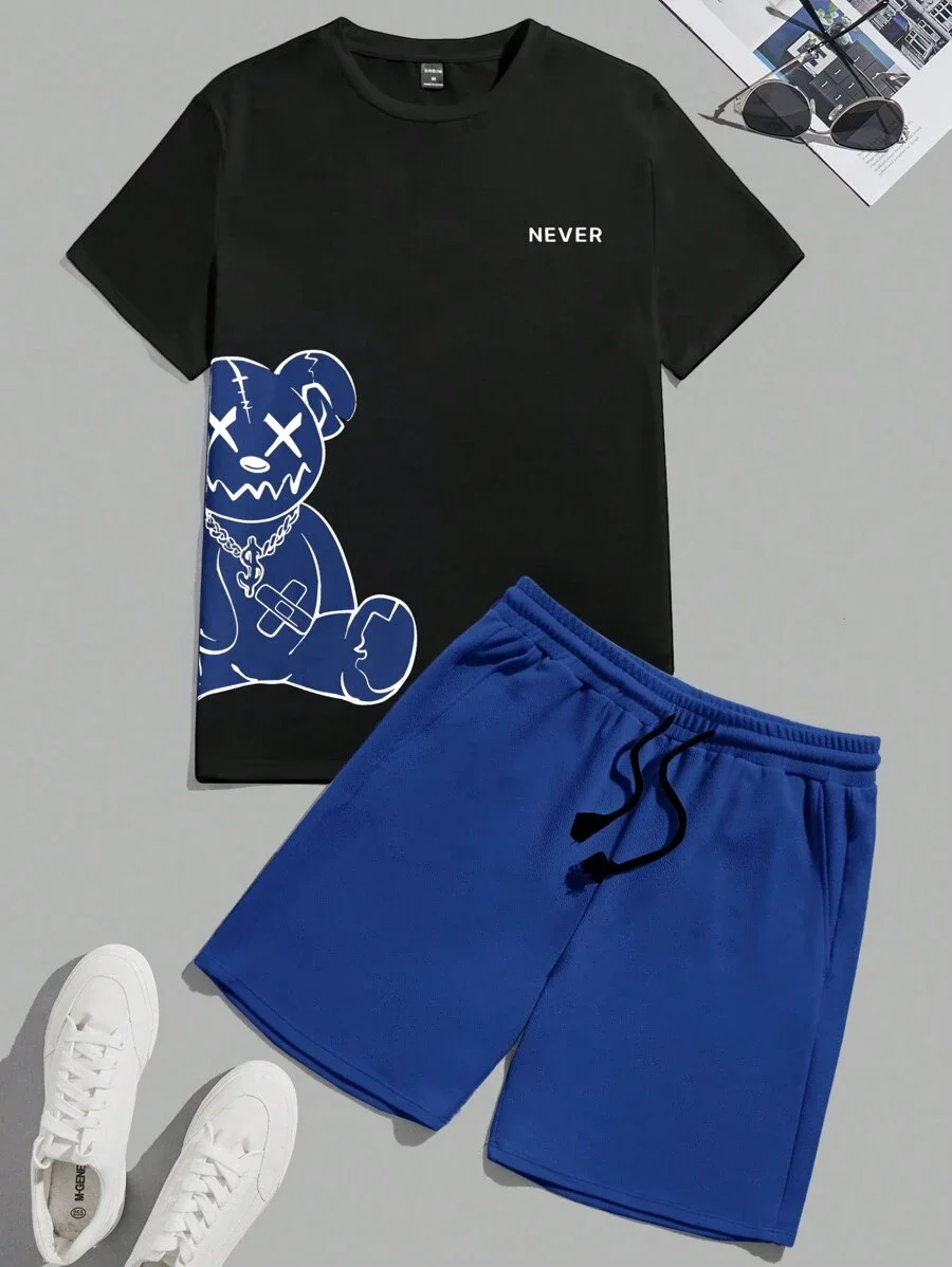 Men's set summer fashion 3D letter teddy bear printed T-shirt summer plus size casual sports set men's loose drawstring pocket s