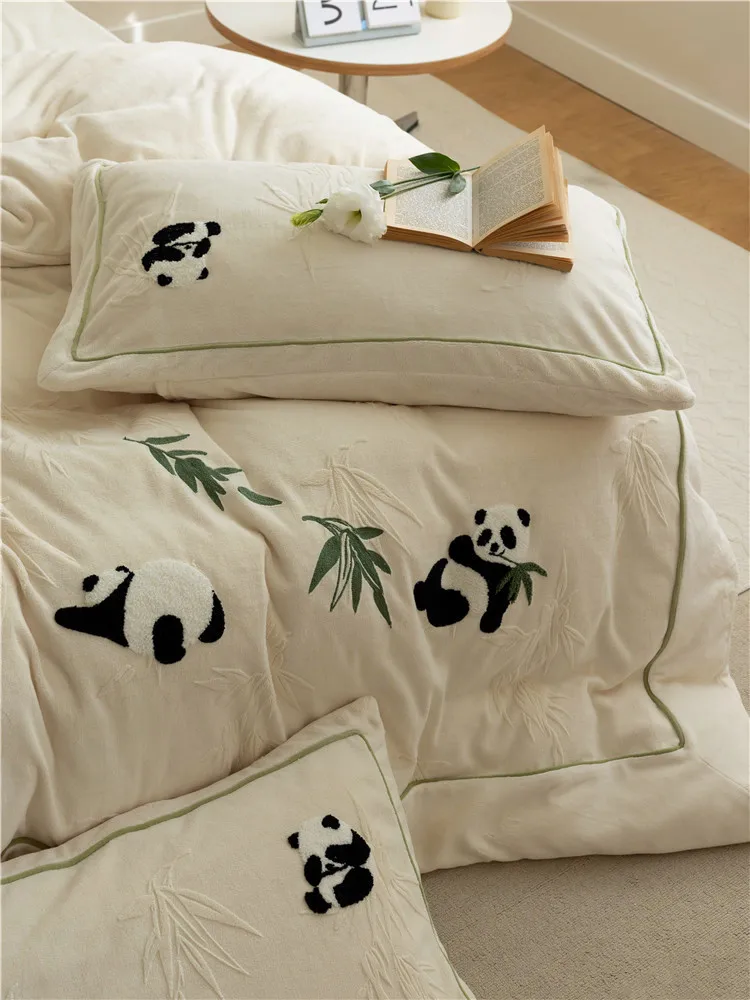 Milk Fiber Four-Piece Set Embossed Fabric Bedding Embroidery Panda Cartoon Winter Winter Fitted Sheet