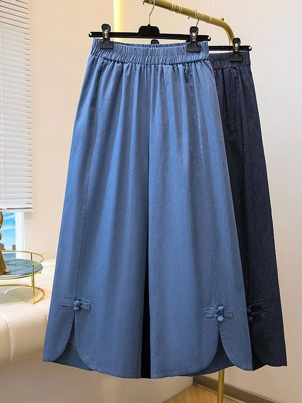 

Blue Elastic Waist Wide Leg Pants Women's High Waist Spring Summer New Style Chinese Style Button Slimming Nine Tube Pants
