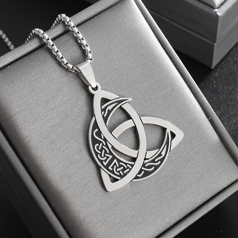 Stainless Steel Irish Trinity Celtic Knot Moon Necklace Pendant Men Women Fashion Triquetra Lucky Amulet Jewelry