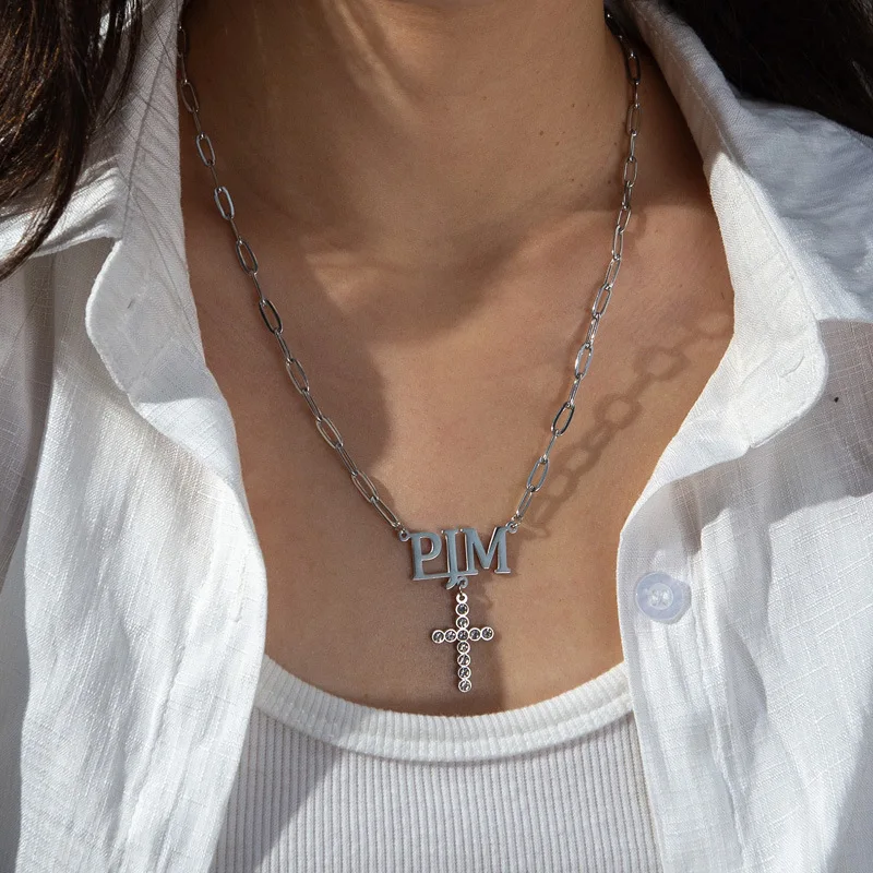 Customized Cold Wind Niche Design Sense Name English Letter Diamond Cross Pendant Necklace Women's Jewelry Fashionable Commuting