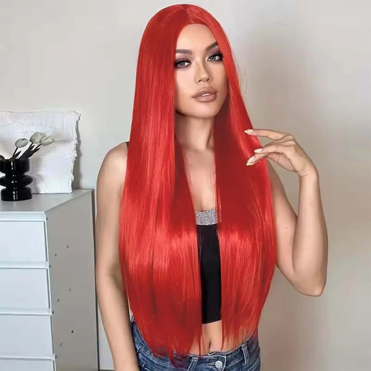 

Синтетические красные парики для женщин, длинный прямой парик, средняя часть, цветной парик русалки для косплея, красные костюмные парики для девочек, разноцветный парик