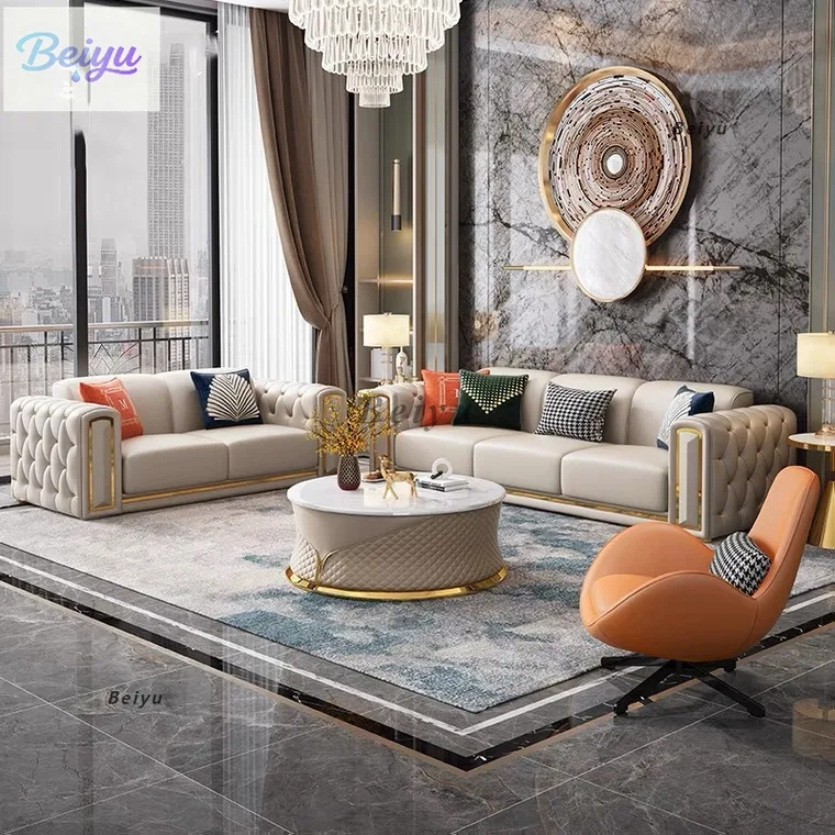 

Modern simple light luxury leather sofa Italian minimalist high-end sofa villa size European sofa combination