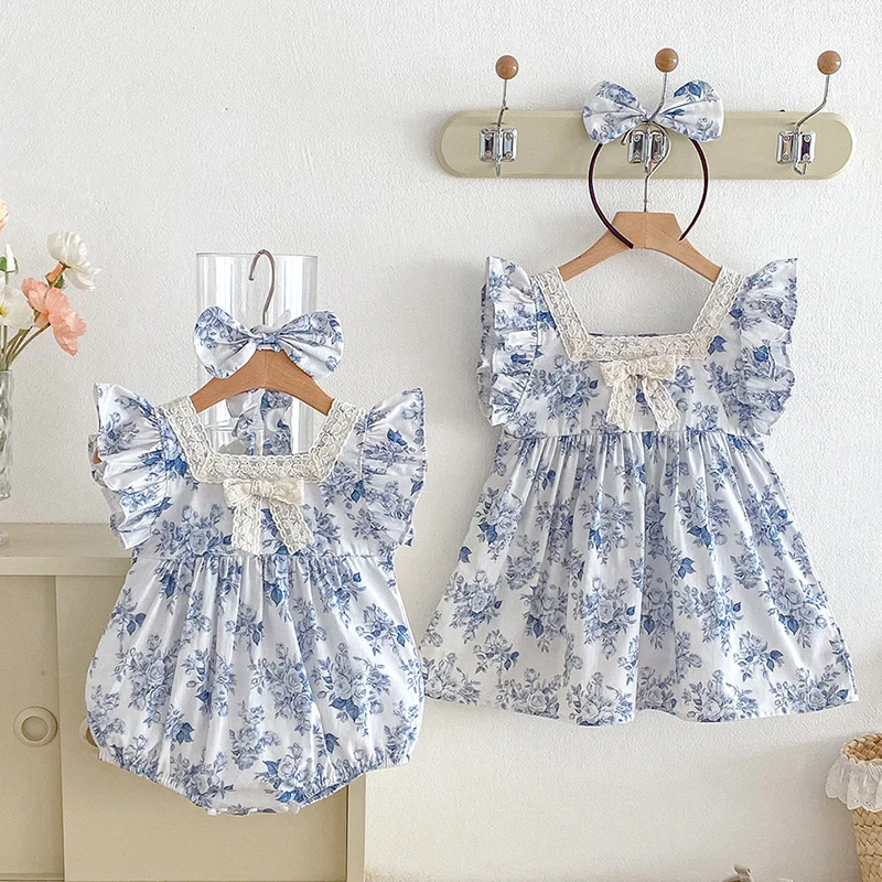 2026 New Summer Sister Clothing 2-7Yrs Baby Girl Party Dress Flying Sleeve Cotton Print Kids Princess Dresses Infant Baby Romper