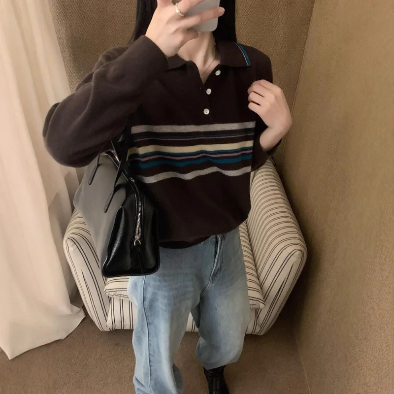 

Ленивый стиль, цветные блоки, полосатый пуловер с воротником-поло, женский свитер, осень-зима, Новое поступление, свободный простой универсальный вязаный топ