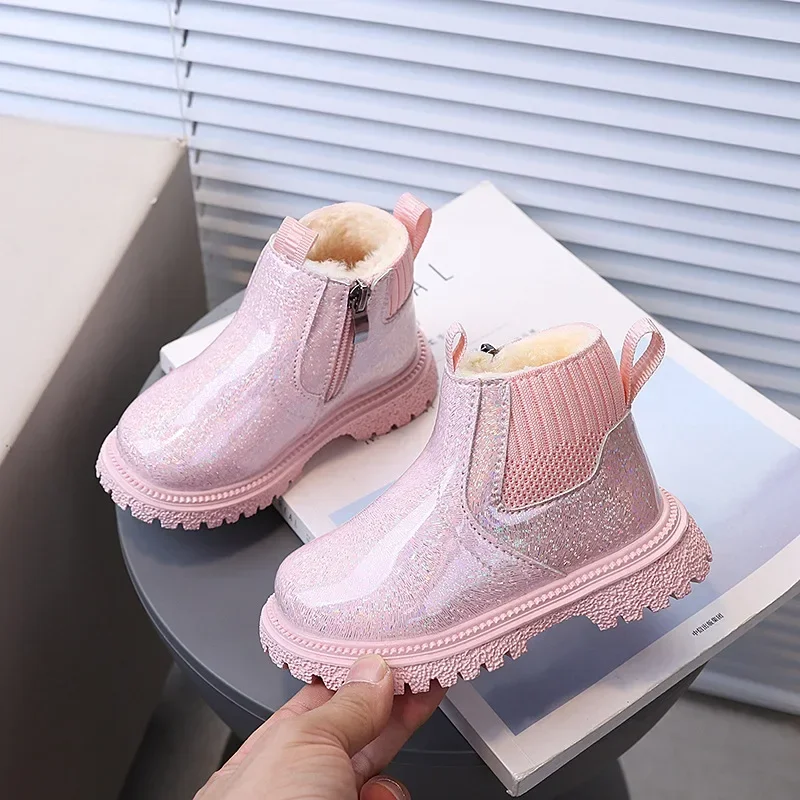 

Girls Short Boots with Fur Kids Ankle Boots Solid Color Non-slip 2024 Winter New Fashion Children Warm Boots with Side Zipper