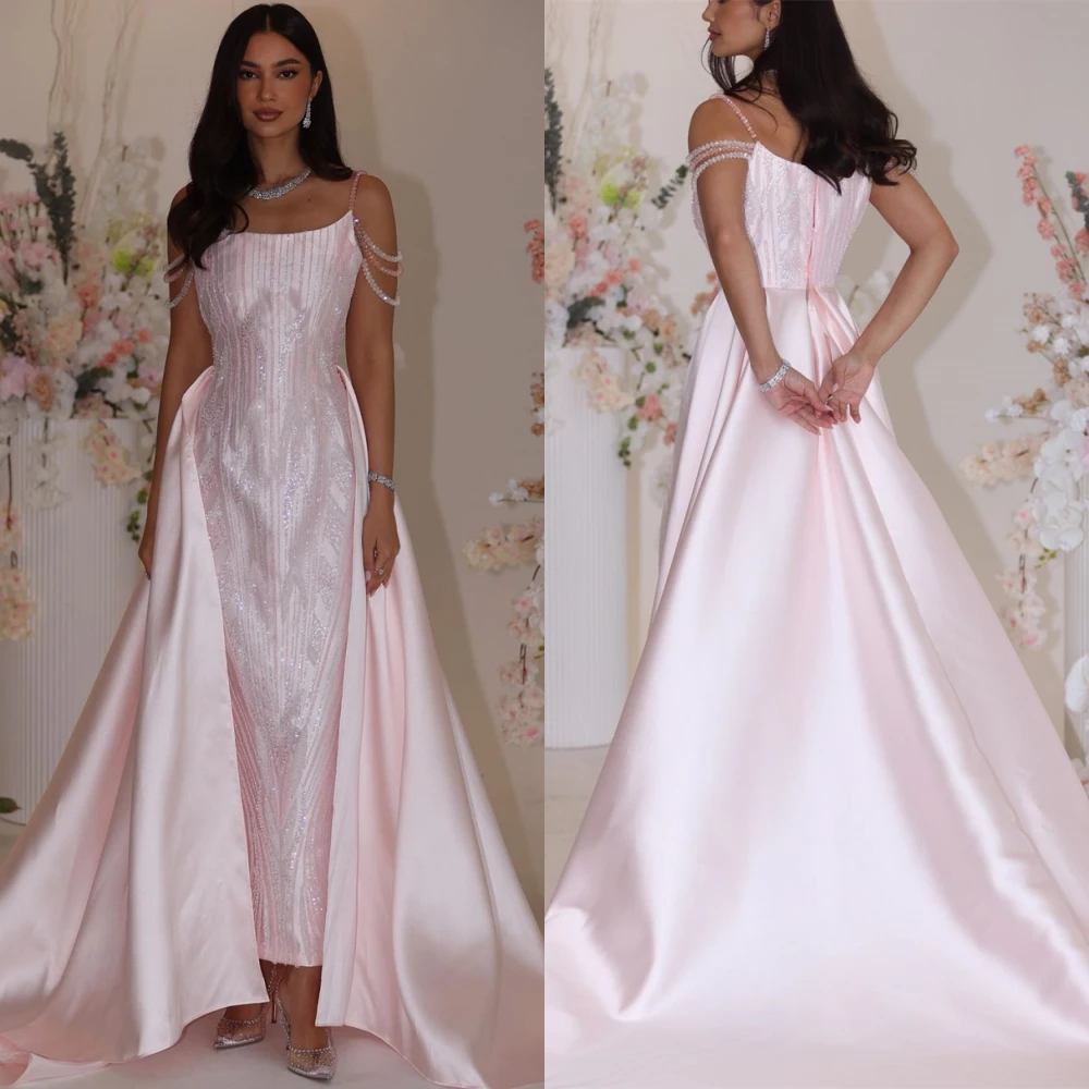 

Customized Fashion Scoop Satin Evening Dress Simple Court Train Prom Dresses High Quality Beading Special Occasion Gowns