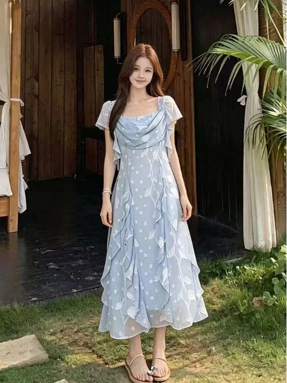 

Summer Elegant plus Size Chiffon Dress with Flounce Hem Gathered Waist Long Skirt Women's Fashion French Style Loose Fit Printed