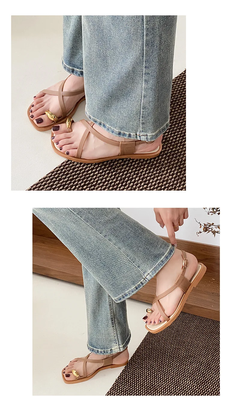 2026 Damen Sandalen mit flachem Absatz, Zehenclip, lässige Römersandalen, Sommer, schmaler Riemen, Knöchelschnalle, Strandschuhe für Damen – Detail 10