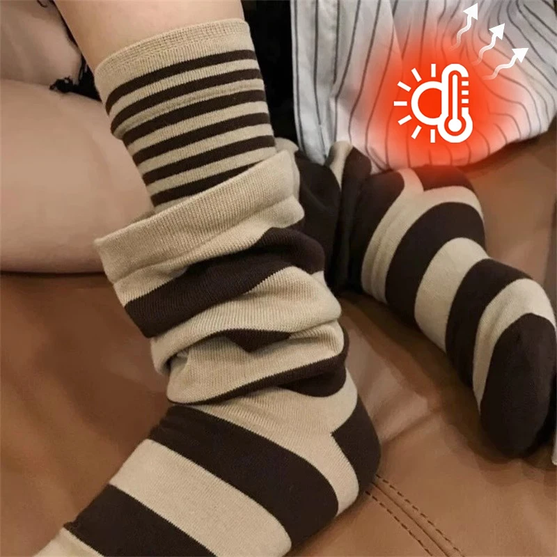 

Модные многослойные длинные носки в ленивую полоску, искусственные двухсекционные высококачественные зимне-осенние удобные дышащие женские носки до середины икры