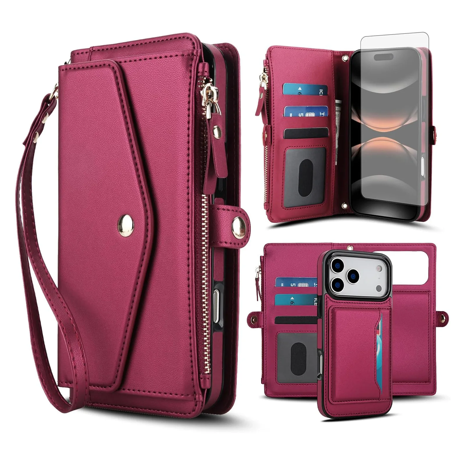 

Phone Case for iPhone 17 Pro Max/17 Pro/17 Air/17 Magnetic Wallet Case RFID Blocking Flip Card Holder Crossbody Strap Zipper