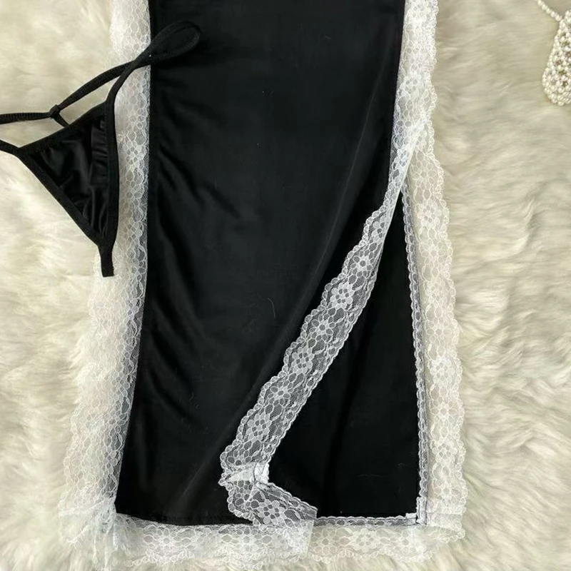 Black Patchwork Lace Long Dress Hollow Out Women Secret Clothes Casual Sexy Thin Straight Cosplay Nun Split Dress Sleeveless New