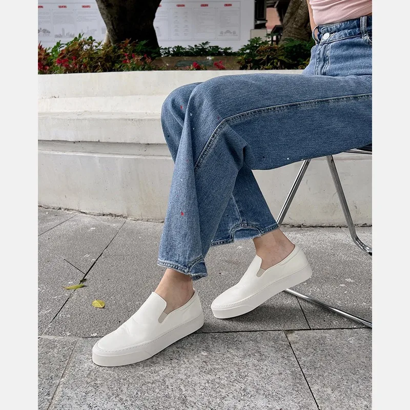 2024 Minimalist The Low Profile Luxury Row Genuine Leather Casual Women\'s Shoes with Thick Sole One Step Plain Panel Shoes