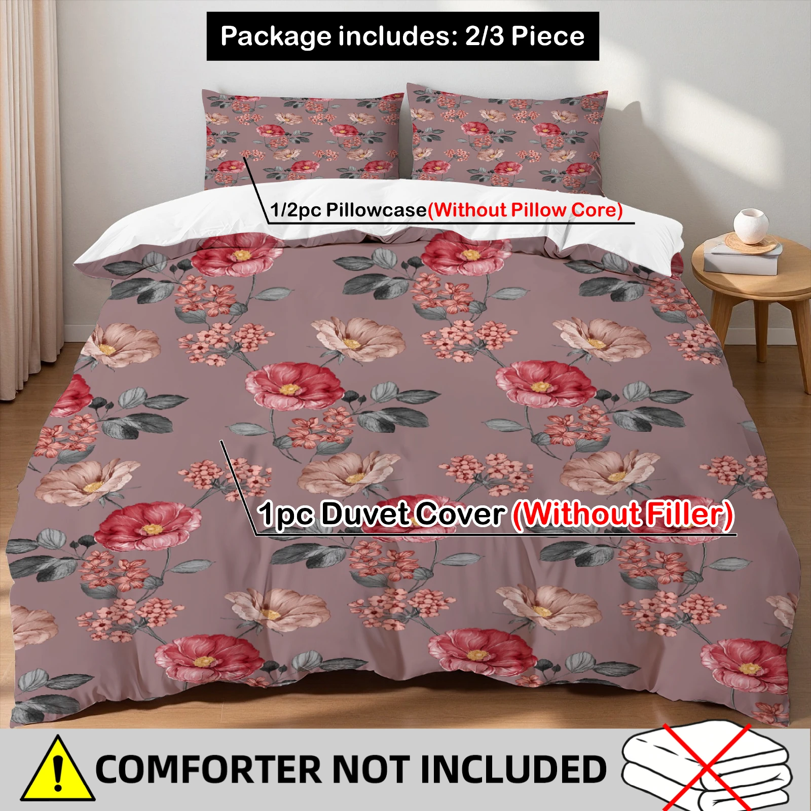 Dusty Rose Floral Duvet Cover Set 3Pcs Red Flower Print Bedding 2 Pillowcases No Comforter Breathable All Sizes Bedroom Decor
