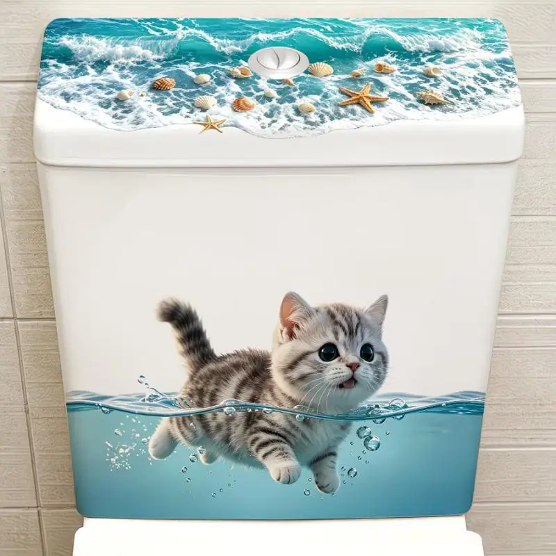 Cute Swimming Cat Toilet Sticker Waterproof Bathroom Wall Sticker Self-Adhesive Removable Decals Home Decor
