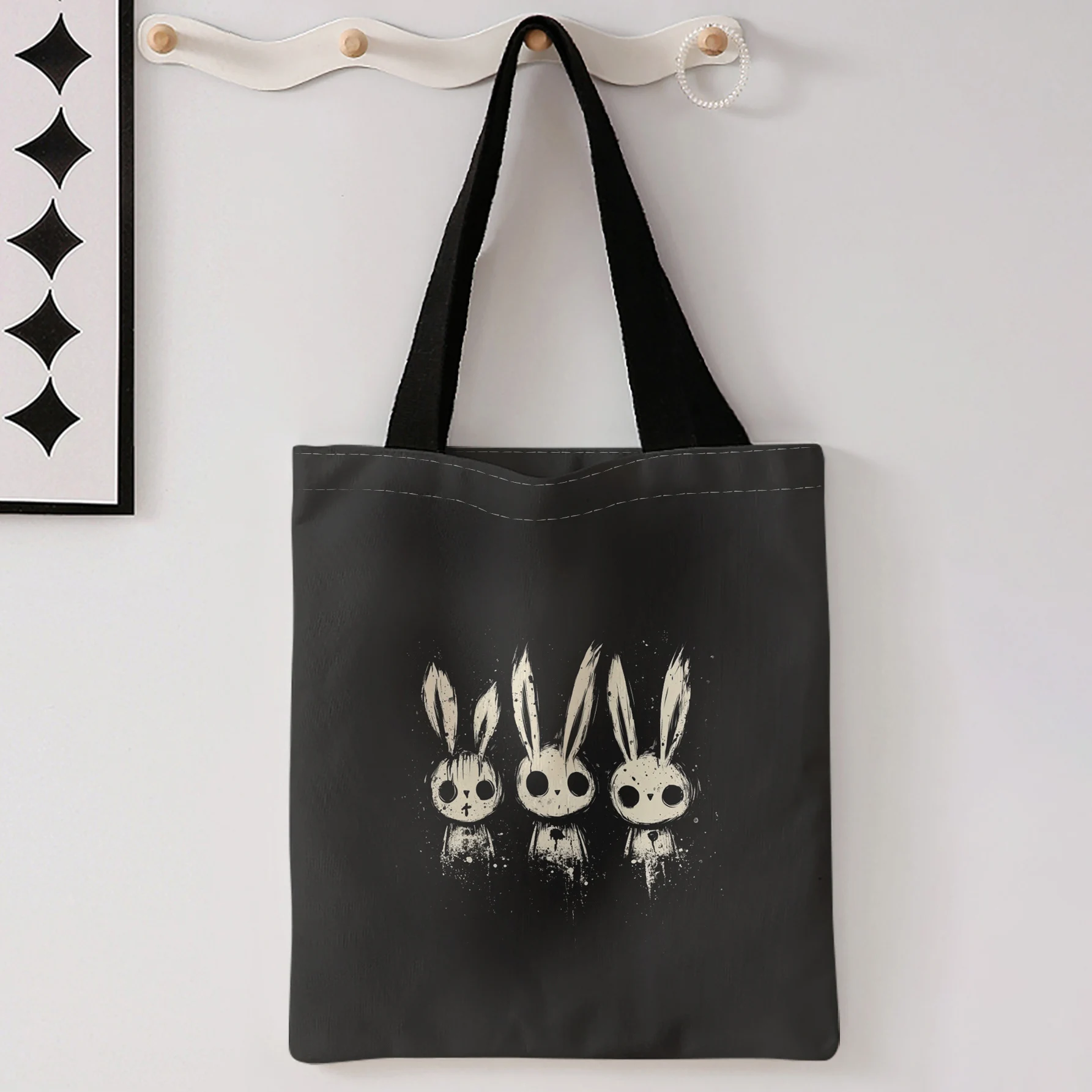 Three Grunge Style Rabbits Print Tote Bag Large Capacity Shoulder Bag For Shopping Travel Daily Use