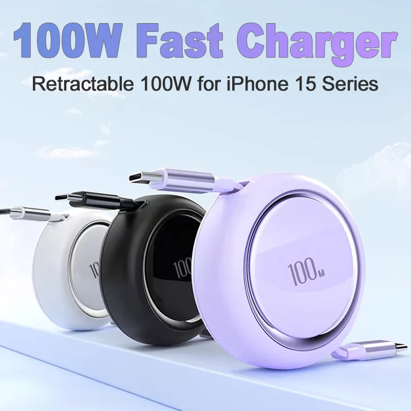 Retractable PD 100W USB Type C to USB C Fast Charger Data Cable E-Marker Data Sync Wire for iPhone 15 Samsung MacBook Laptops