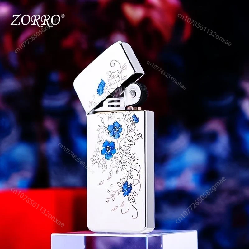 

Ультратонкая латунная керосиновая зажигалка ZORRO, с эмалевой синей цветочной гравировкой, ветрозащитная, с колесиком для зажигания, мужская деловая зажигалка