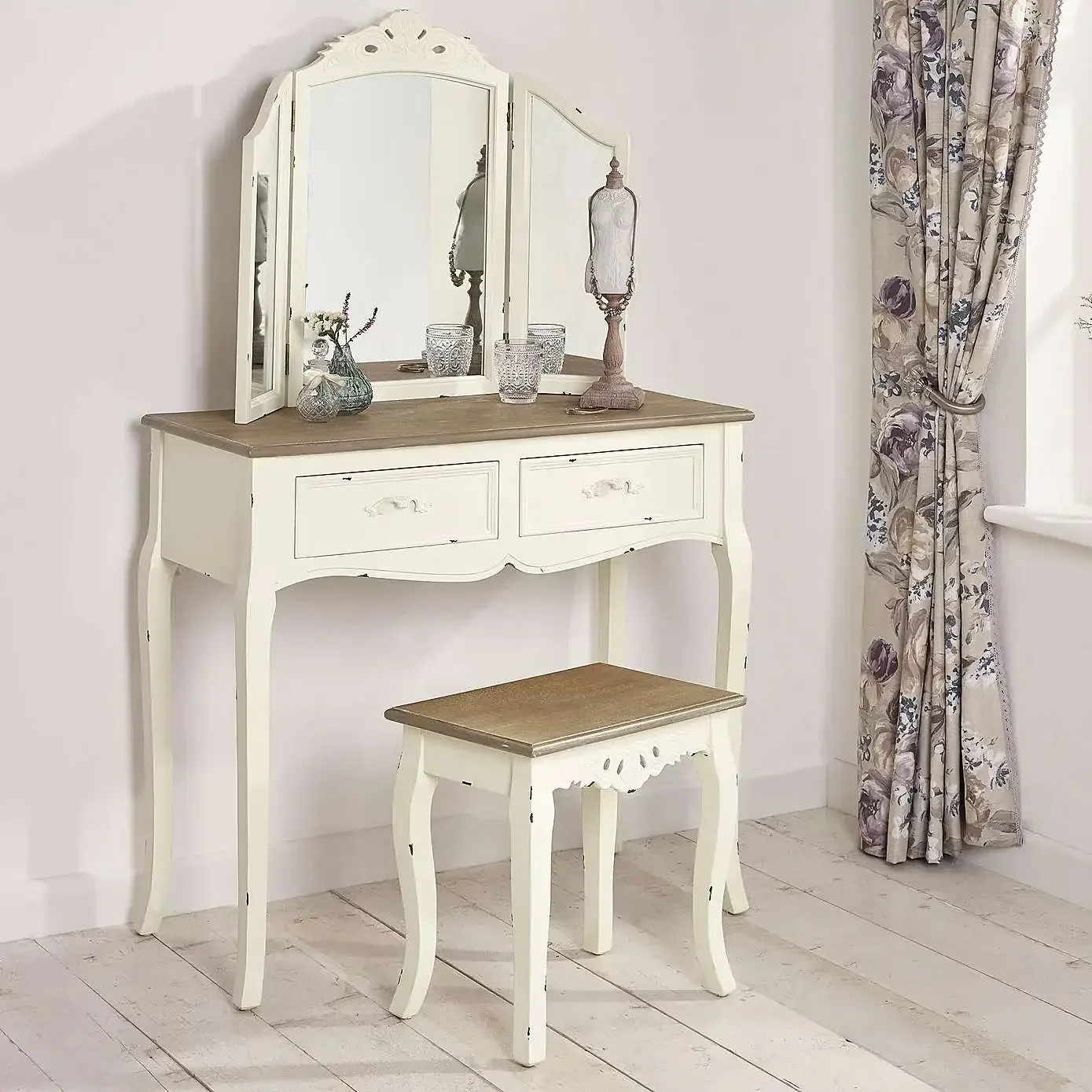 

outstanding Impeccable French Style White Vanity Table Makeup Table With Tri-fold Mirror Dressing Table Set With Stool