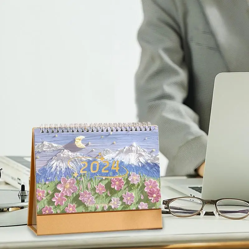 Mini Calendario de escritorio de pie, pintura al óleo, mes, Personal, hogar, aula, escuela, 2024