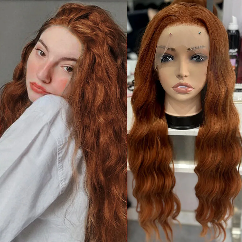 Orange Long Natural Wavy Synthetic Lace Wigs Long Body Wave Lace Hair Frontal Lace Wigs For Women Heat Resistant Cosplay Daily