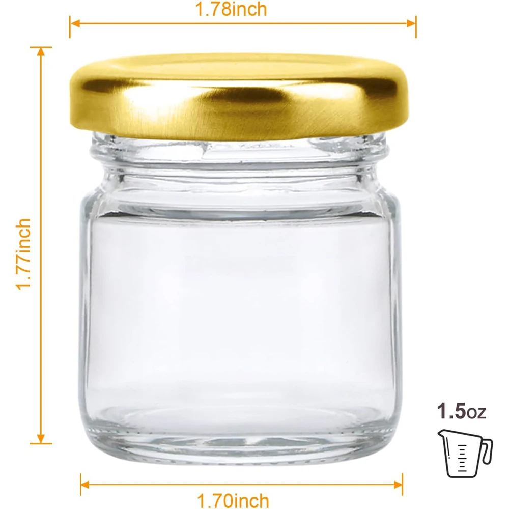 1.5oz Mini Glass Jars Round Small 45ml Honey Jars with Golden Lids,Clear Mini Storage Canning Jar for Candle Making,Spice,Jelly