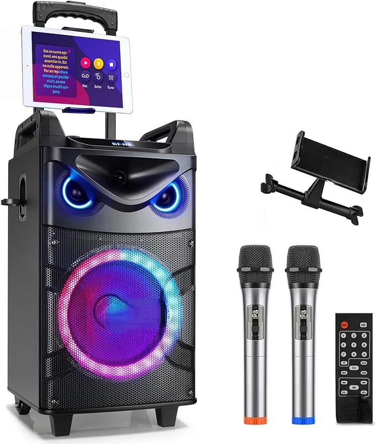 

Karaoke Machine, 10" Woofer Portable PA System, Bluetooth Speaker with 2 Wireless Microphones, Lyrics Display Tablet Holder