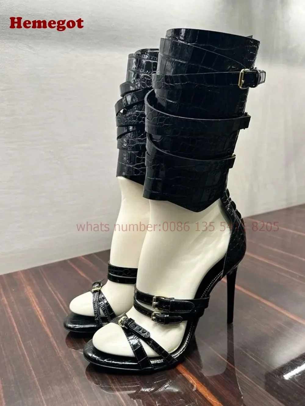 

Belt Buckle Stiletto Sexy High Heels Sandals Women's Crocodie Gladiator Sandals Open Toe Black Sexy Shoes Solid Luxury Shoes