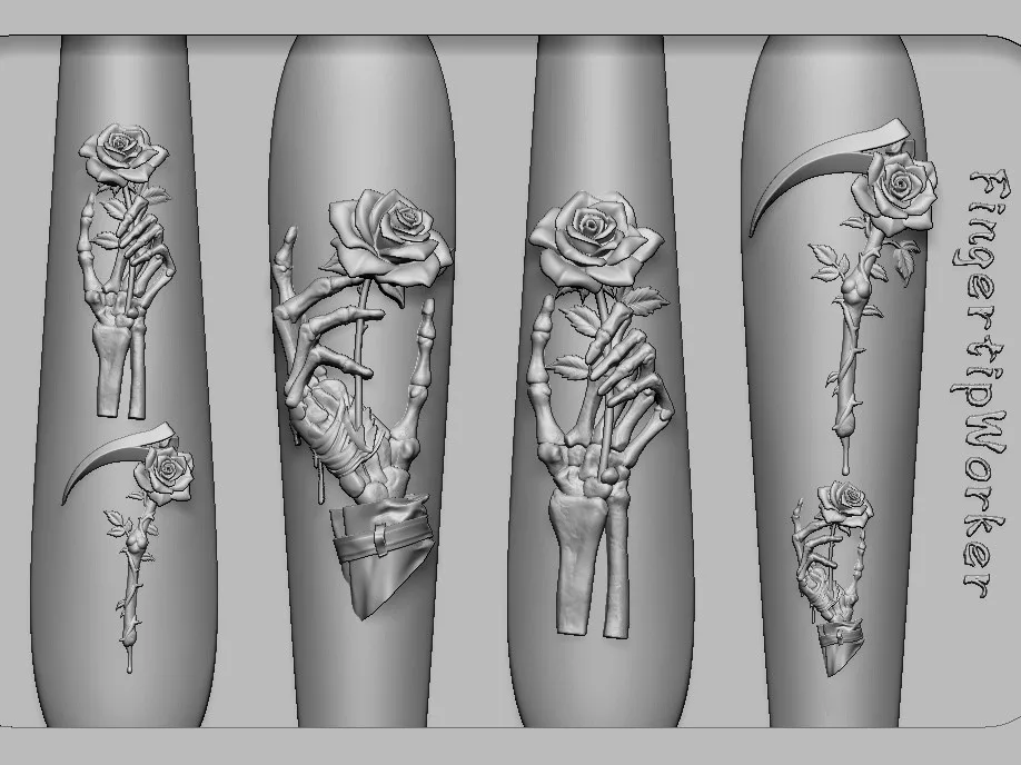 Dark style retro 3D spine bone rose skull hand sickle skull hand thorn lace baroque crow candlestick Silicone Nail Art Mold—Box - view 3