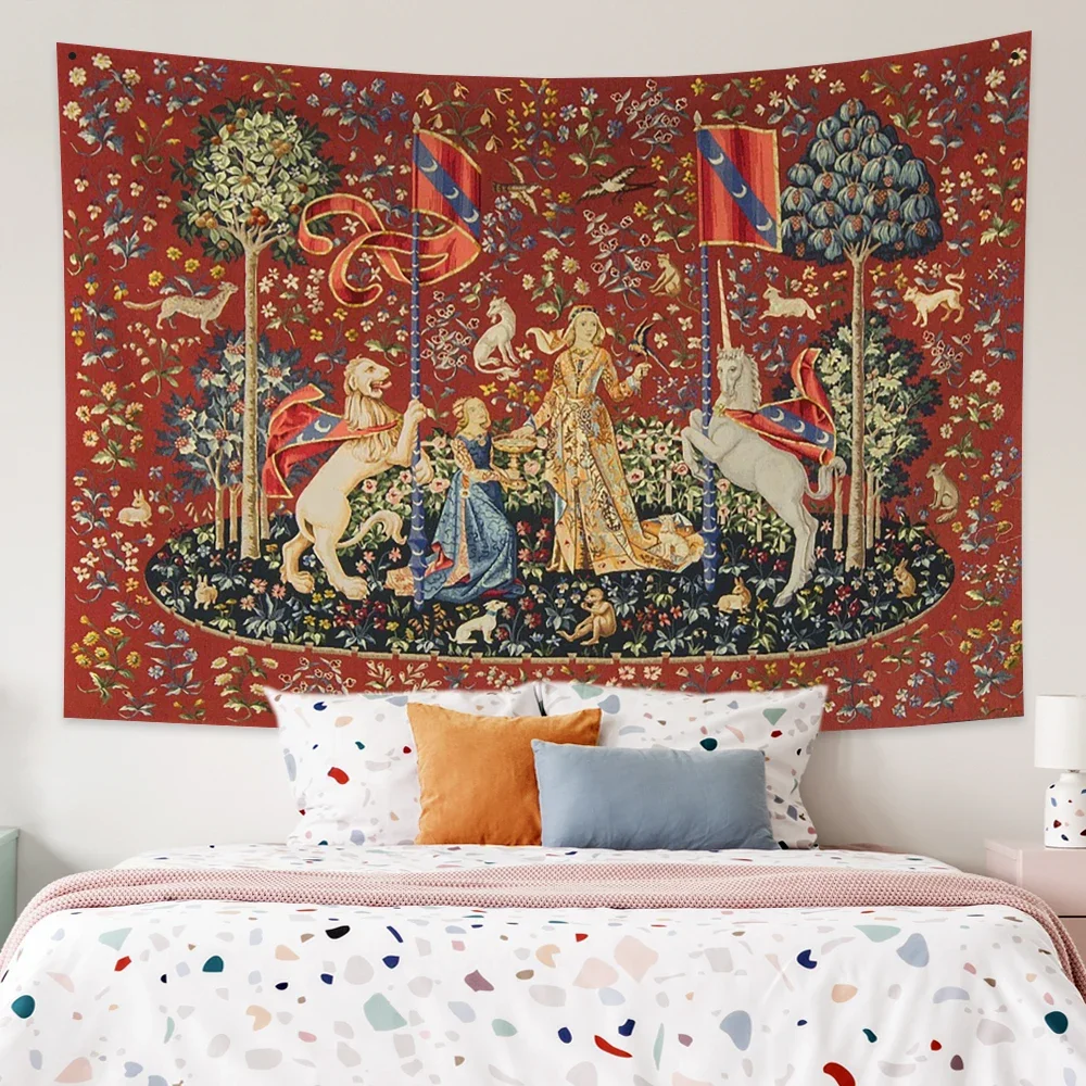 Medieval Lady And The Unicorn Tapestry Wall Hanging Multifunction Home Decor Background Decor Bedspread Blanket Mat Covering