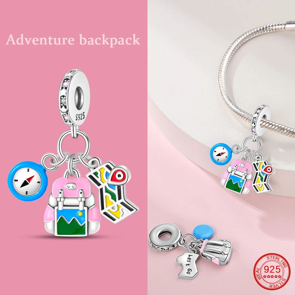 925 Sterling Silver Adventure Travel Backpack Bead Travel Self Exploration Dangerous Charm Fit DIY Bracelet Necklace Making Gift