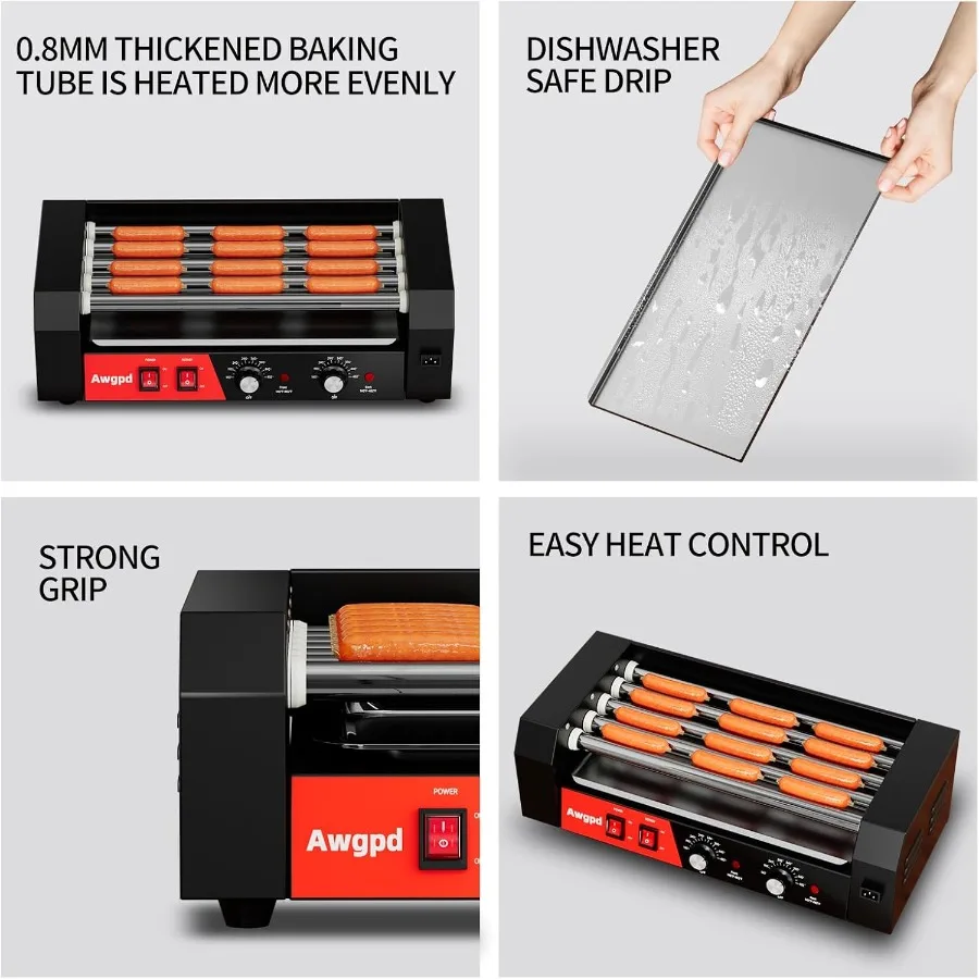Rullo per hot dog 5 rulli 12 hot dog Capacità 750W Macchina per fornelli per salsicce commerciale in acciaio inossidabile con doppio controllo della temperatura Rem