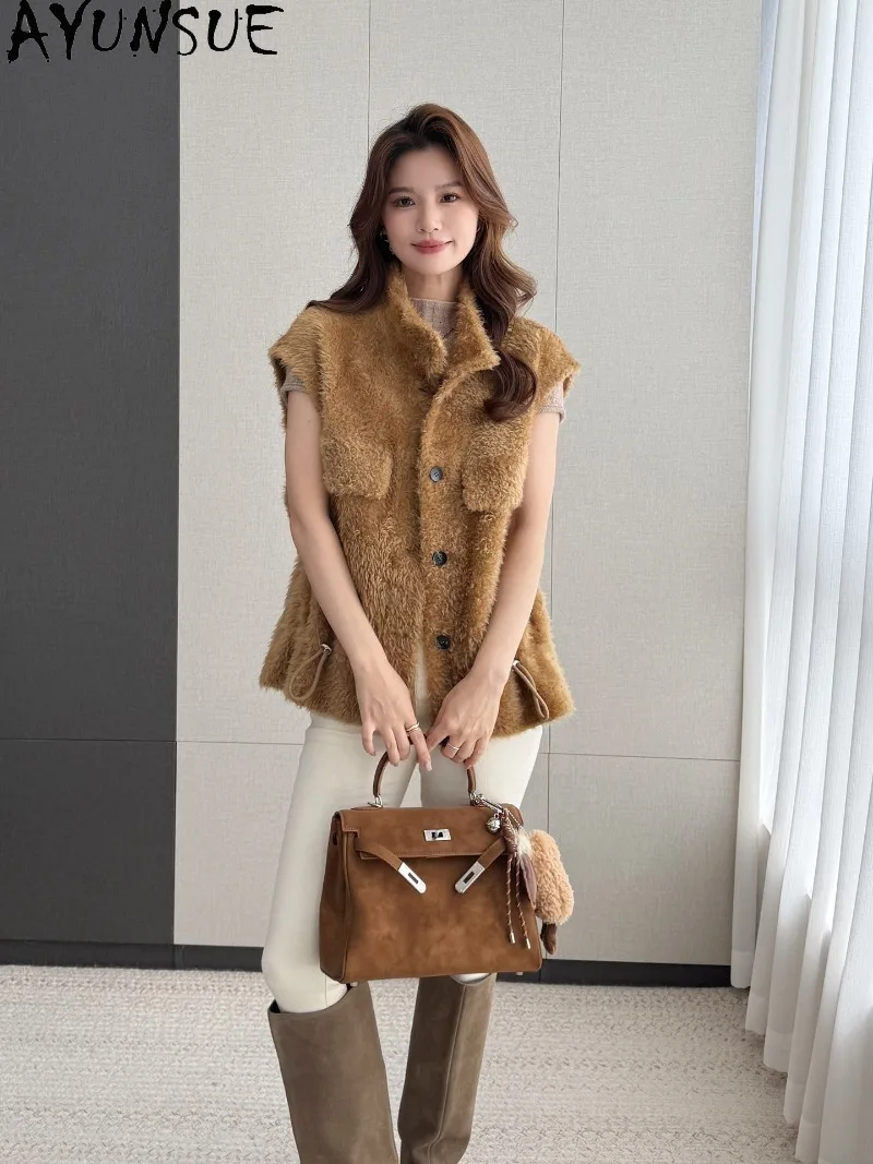 AYUNSUE Women Lagon Lamb Shearling Gilet Lightweight Fur Vest Waistcoat Ladies Autumn Winter Clothes Women Vest Slim Fit Fashion