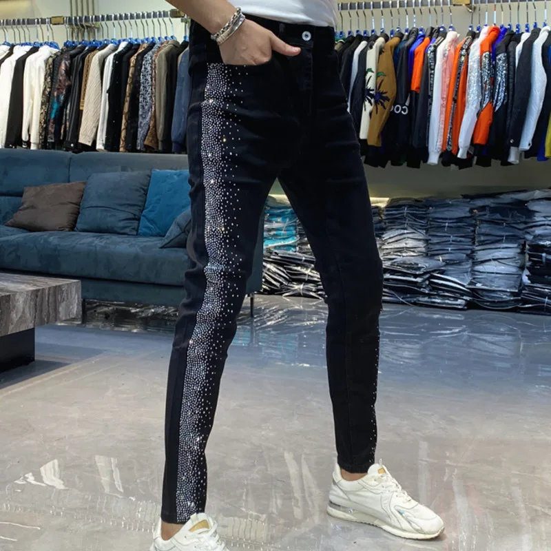 2023 otoño negro caliente diamante delgado pies pequeños Jean versión coreana Slim Tide marca pantalón hombres tendencia industria pesada Vaqueros Hombre