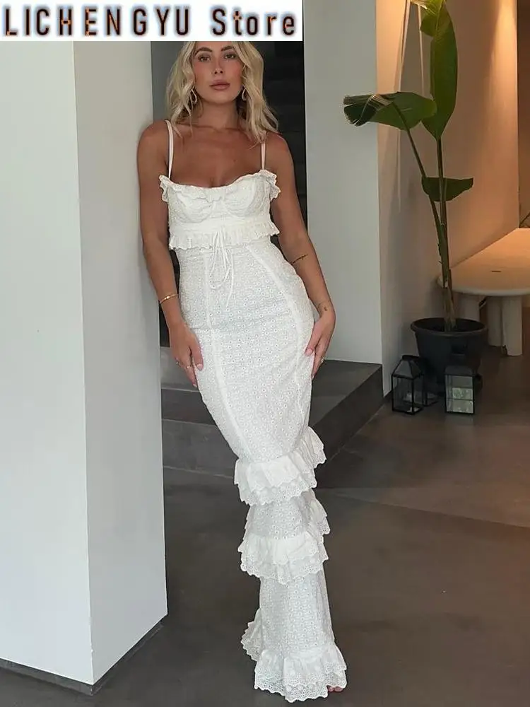 Robe de Soirée en Dentelle Blanche pour Femme, Tenue Élégante, Prêt-à-vitation, Maxi, de Luxe, pour Événement de Mariage, Nouvelle Collection d'Été