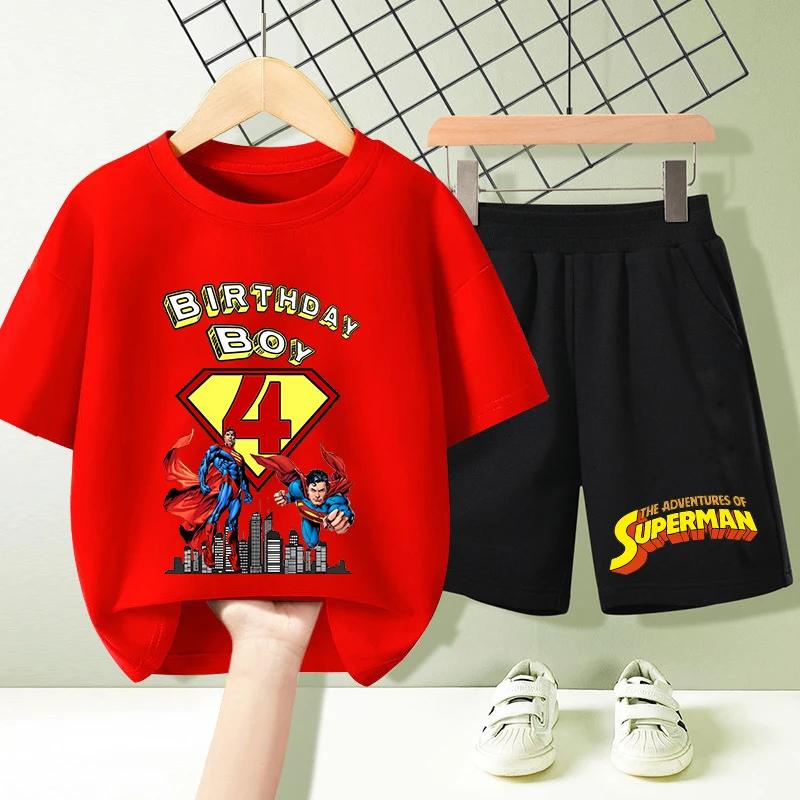 Supermans Kids T-shirt Shorts Set Fashion Cartoon Summer Sportwear Trendy Boy Birthday Gift Clothes Hip Hop Tops Birthday Gift
