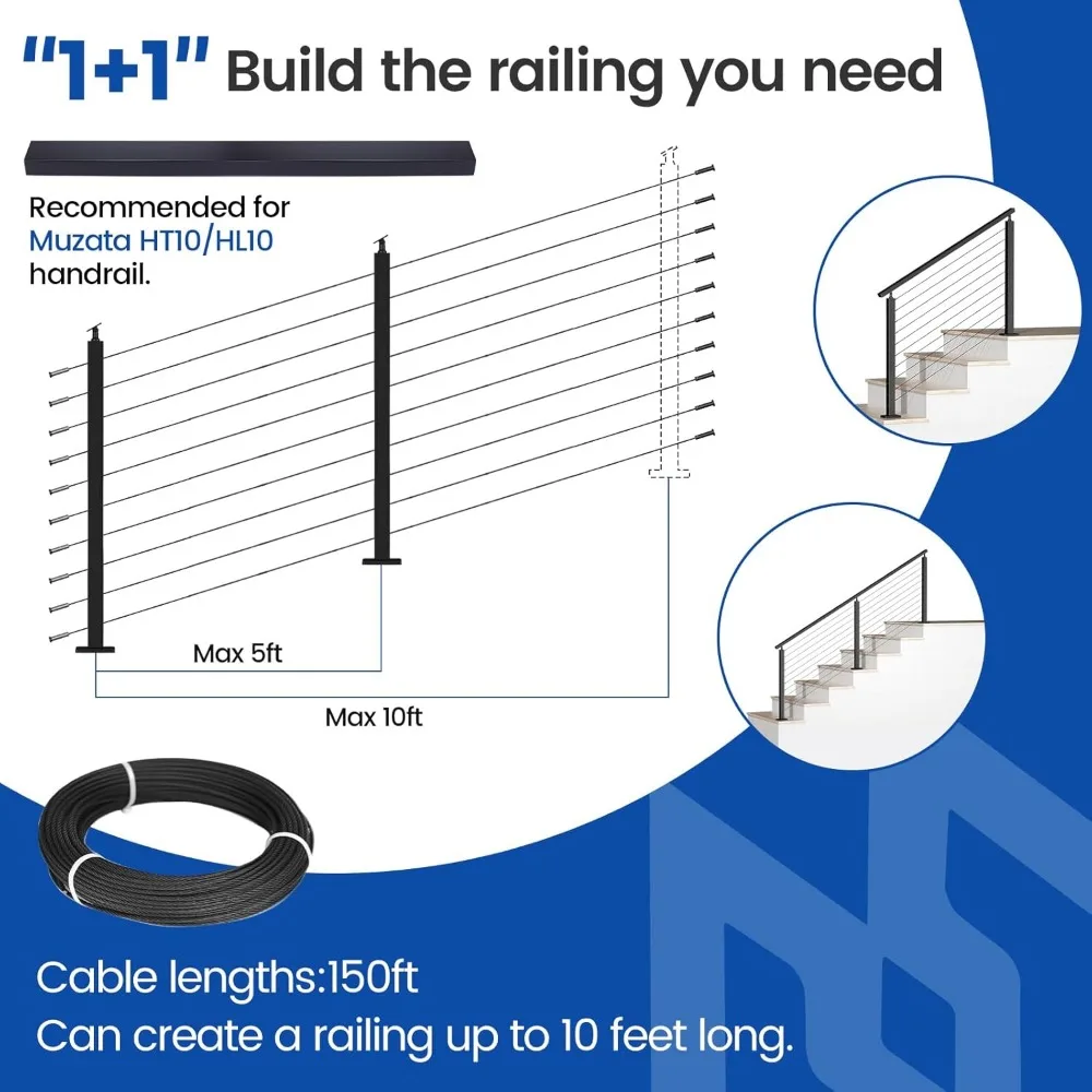 Kit de poteau de garde-corps de câble d'escalier, ensemble d'invitation, adapté pour escalier 25-35 °, 5-10 pieds, 36 po