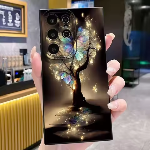 For Samsung Galaxy S25 S24 S23 S22 Ultra Plus S21 S20 FE A54 A35 A55 A15 5G Glowing Butterfly Tree Pattern Silicone Phone Case