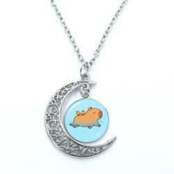 Capybara swimming Cartoon Glass Cabochon Pendant Necklace Crescent Moon Jewelry Plated Chain Necklace Gift