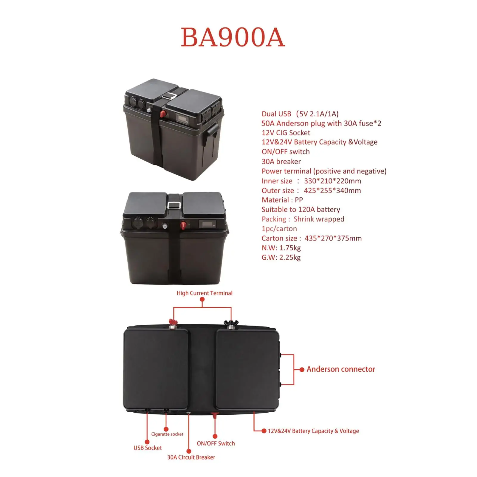Heavy Duty RV Battery Box Portable Marine Battery Control Case for Camping Outdoor Travel Trailers