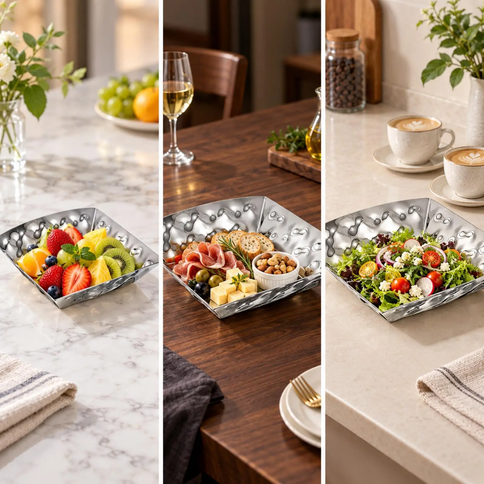 Hammered Stainless Steel Tray Wipe-Clean Square Serving Tray Sleek Contemporary for Buffet Service, Catering