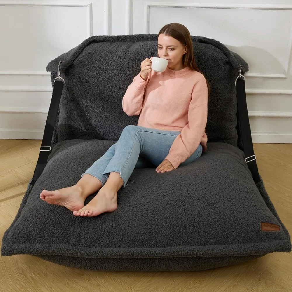 Giant Bean Bag Chair, Bean Bag Sofa with Adjustable Backrest, Bean Bag Bed with Filling and Detachable Sherpa Cover