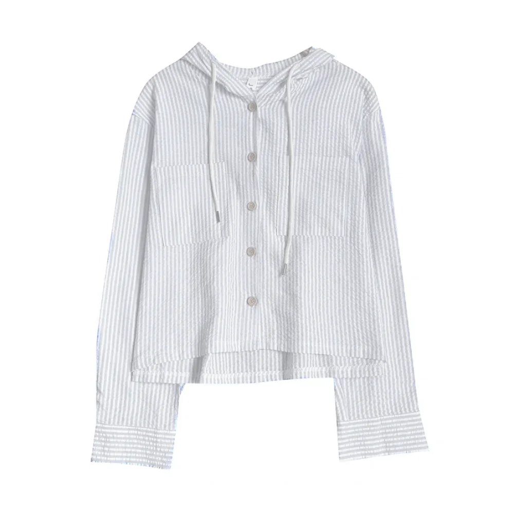 

Stylish Drawstring Striped Hooded Shirt Retro Loose Long Sleeved Shirt Hoodies Chic Sweatshirts for Women Spring