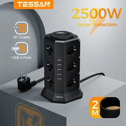 Listwa zasilająca TESSAN Tower z wieloma gniazdami i 12 gniazdami 5 portów USB Przedłużacz 2 m Wtyczka EU Pionowe gniazdo elektryczne do domu