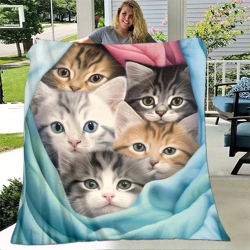 VIKAMA Cute Kittens Fleece Blanket Cat Face Group Soft Plush Throw Blanket for Sofa Bed Couch Pet Lover Cozy Gift