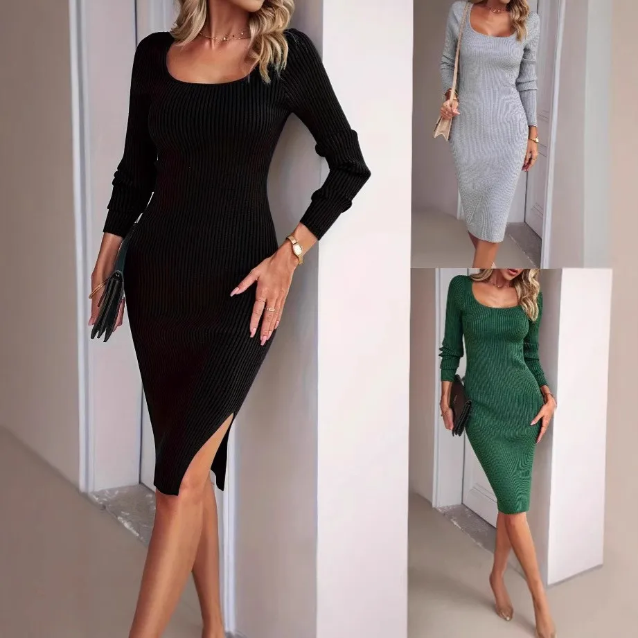 

Elegant Party Dress for Woman Women Evening Long Sleeve High Waist Slit Dresses Black Round Neck Solid Color Green Maxi Dress