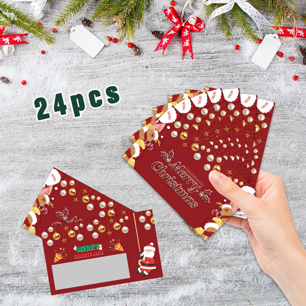 ชุดการ์ดโน้ตเปล่า 24 ชิ้น, การ์ดขูดสุขสันต์วันคริสต์มาสสีแดง, การ์ดขูดเซอร์ไพรส์วันหยุดปี 2026, ของตกแต่งงานปาร์ตี้, การ์ดของขวัญ DIY