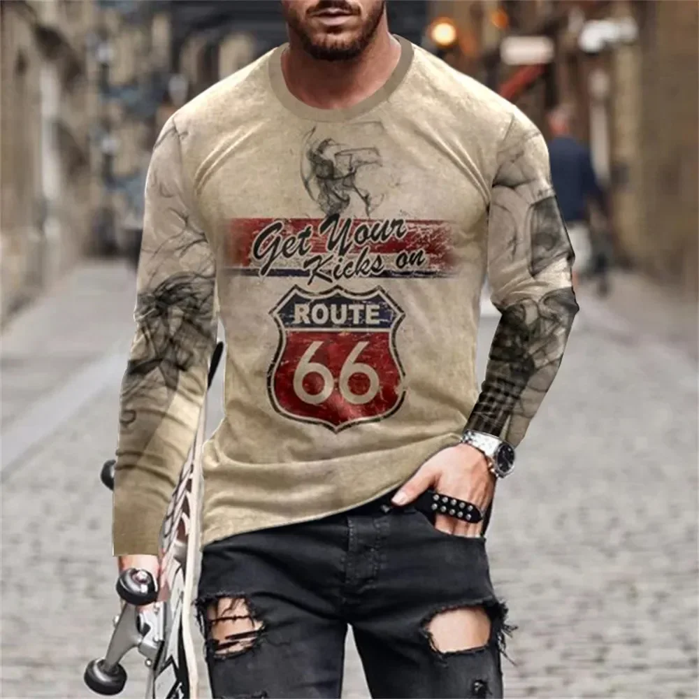 Route 66 Letter 3D Printed T-shirt Coat T-shirt's Men's Clothing Retro Motorcycle Tee Men's Playing Card Long Sleeve