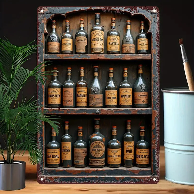 

Artistic Aluminum Wall Decor: Striking Vintage Whiskey Bottle Rack Scene, Suitable for Whiskey Enthusiasts, 7.9x11.8"/11.8x17.7"
