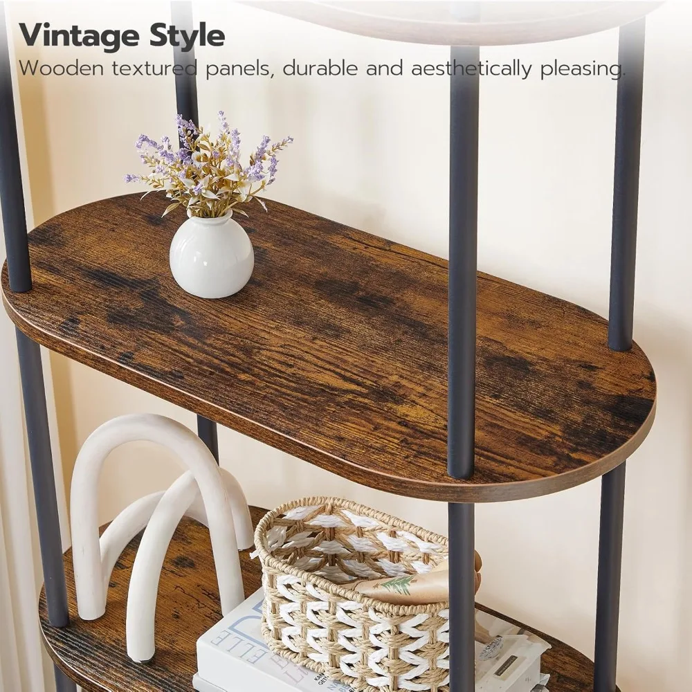 5-Tier Industrial Bookshelf, Arched Metal Frame Storage Organizer for Home Office, Easy Assembly Rustic Brown